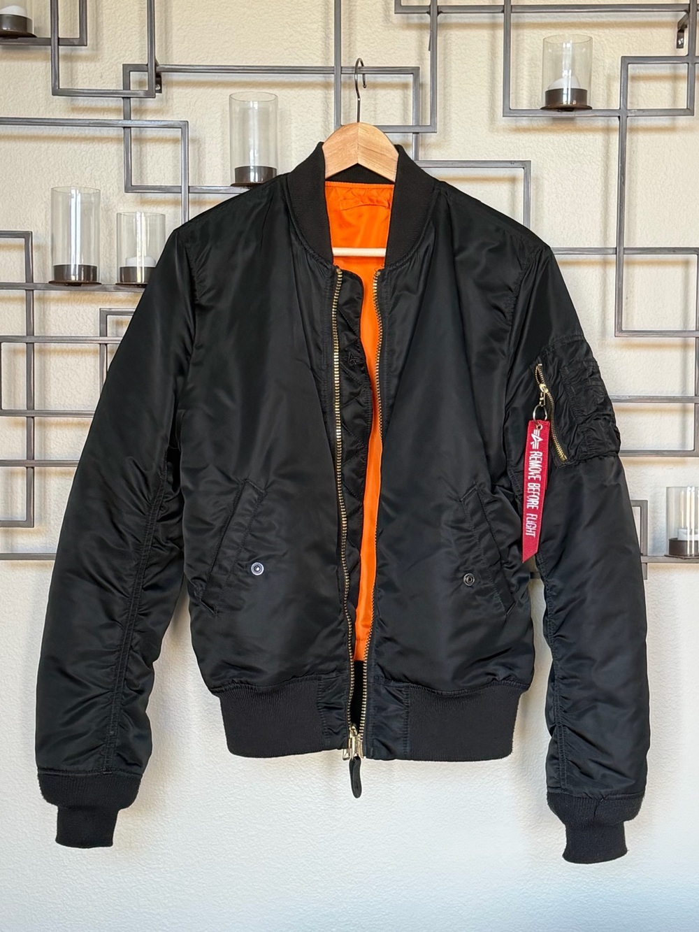 Alpha Industries Black Bomber Jacket with Orange Lining - Men's Small
